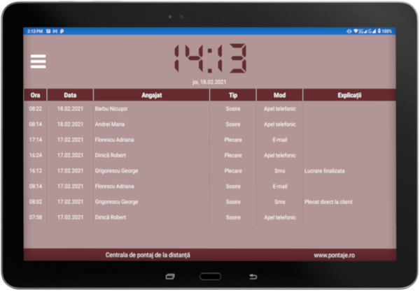 Centrala pontaj Cloud Privat: aplicații Android, apel telefonic, sms sau email