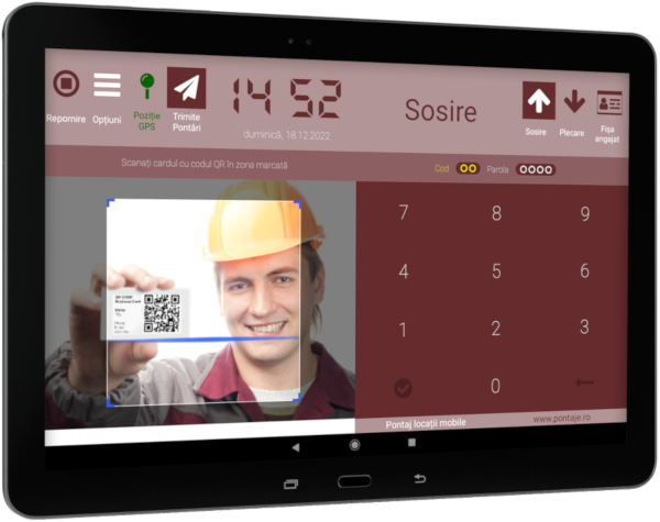 Centrala de pontaj cu card qr, cod + parola cu preluare poziție gps si fotografie