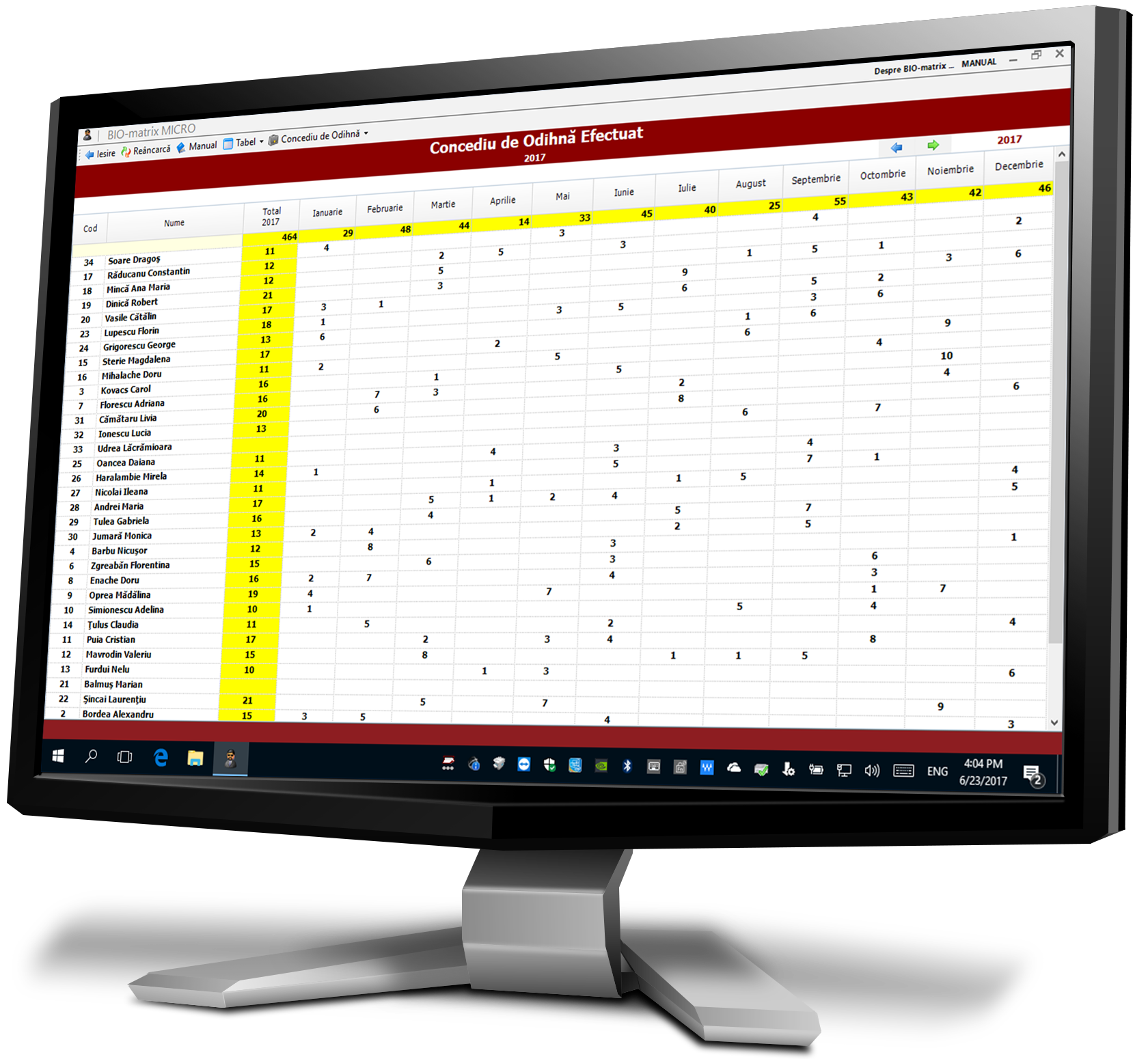 Concedii De Odihna : Centralizatorul zilelor de concediu de odihna efectuate in fiecare luna, pentru un an : Pontaj si Control Acces : Biomatrix