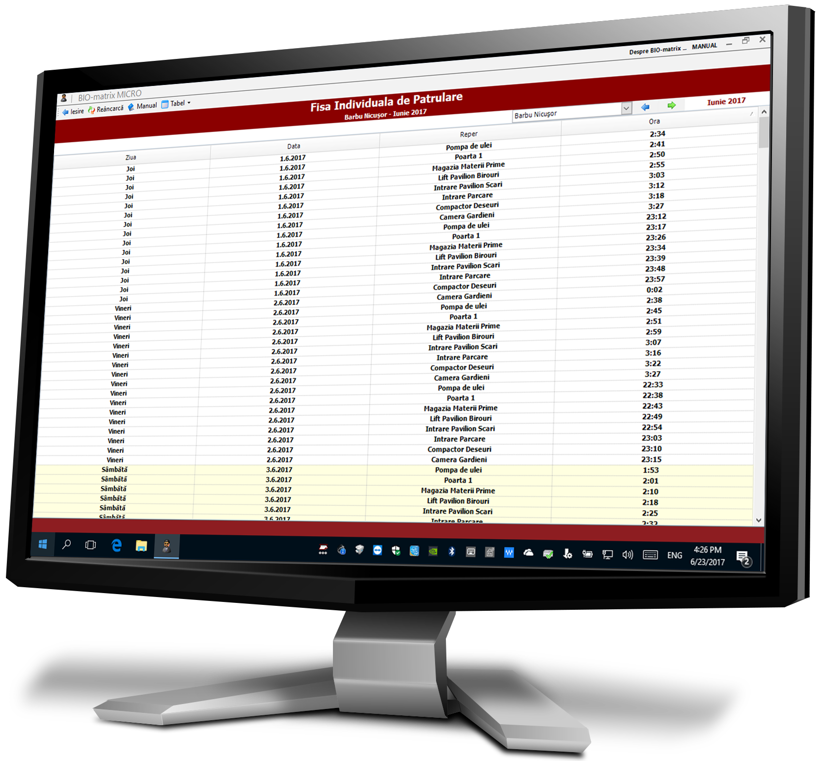 Fisa Individuala de Patrulare : Lista patrularilor la fiecare reper, in fiecare zi, pentru un singur paznic si pentru o anumita luna : Pontaj si Control Acces : Biomatrix