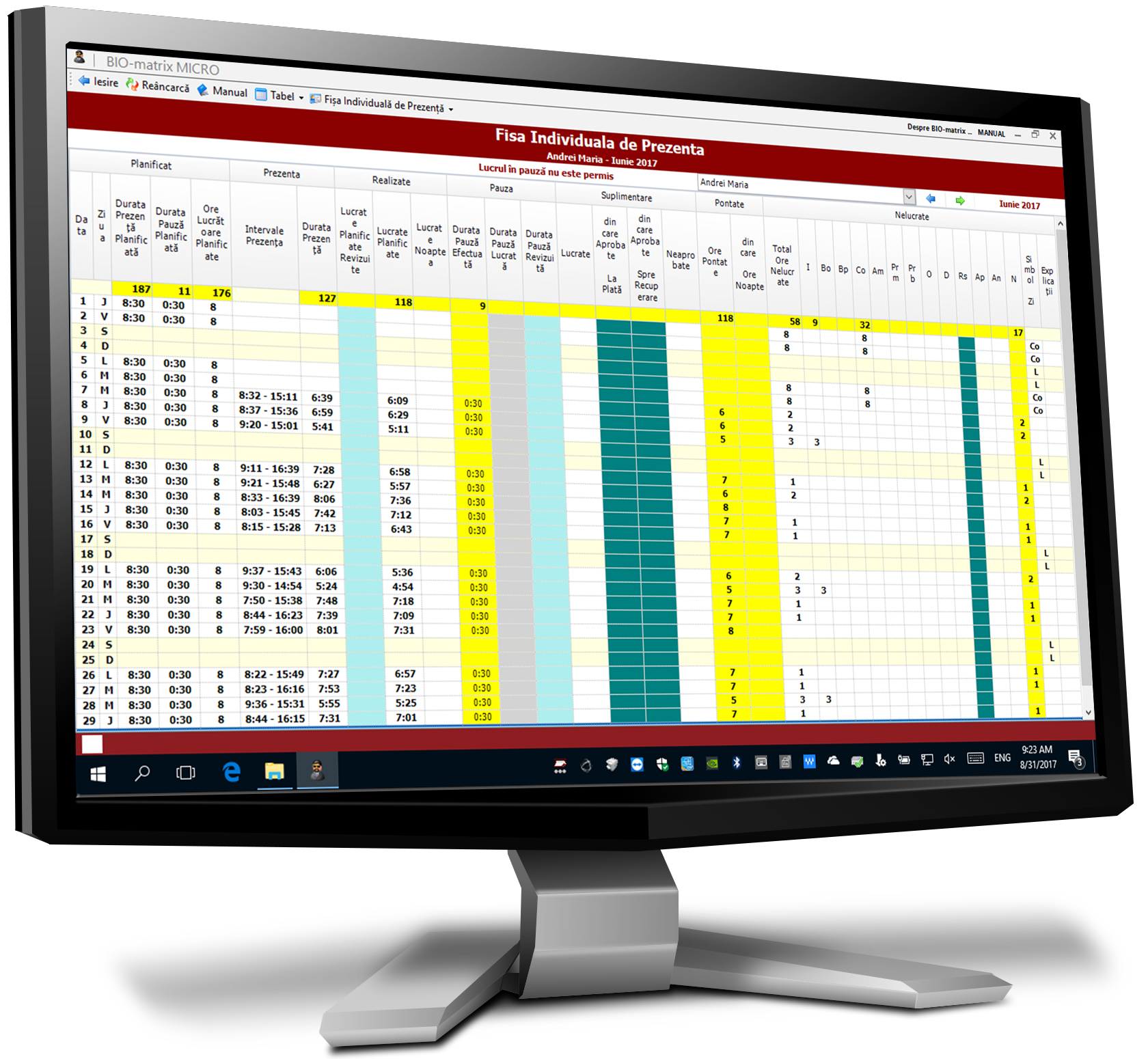 Fisa Individuala de Prezenta : Situatia prezentei unui angajat in fiecare zi a unei luni : Pontaj si Control Acces : Biomatrix