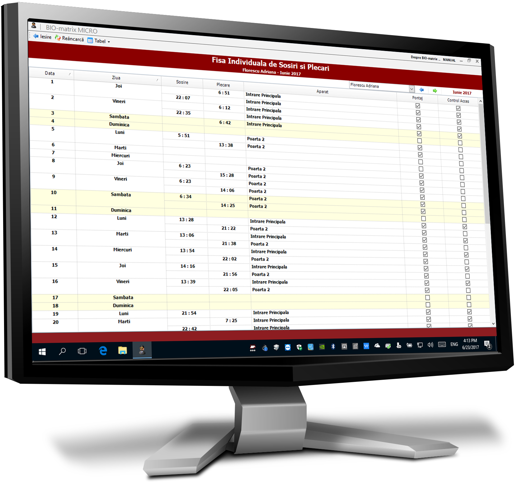 Fisa Individuala cu Sosiri si Plecari : Sumarul Sosirilor si Plecarilor unui anumit angajat intr-o luna : Pontaj si Control Acces : Biomatrix