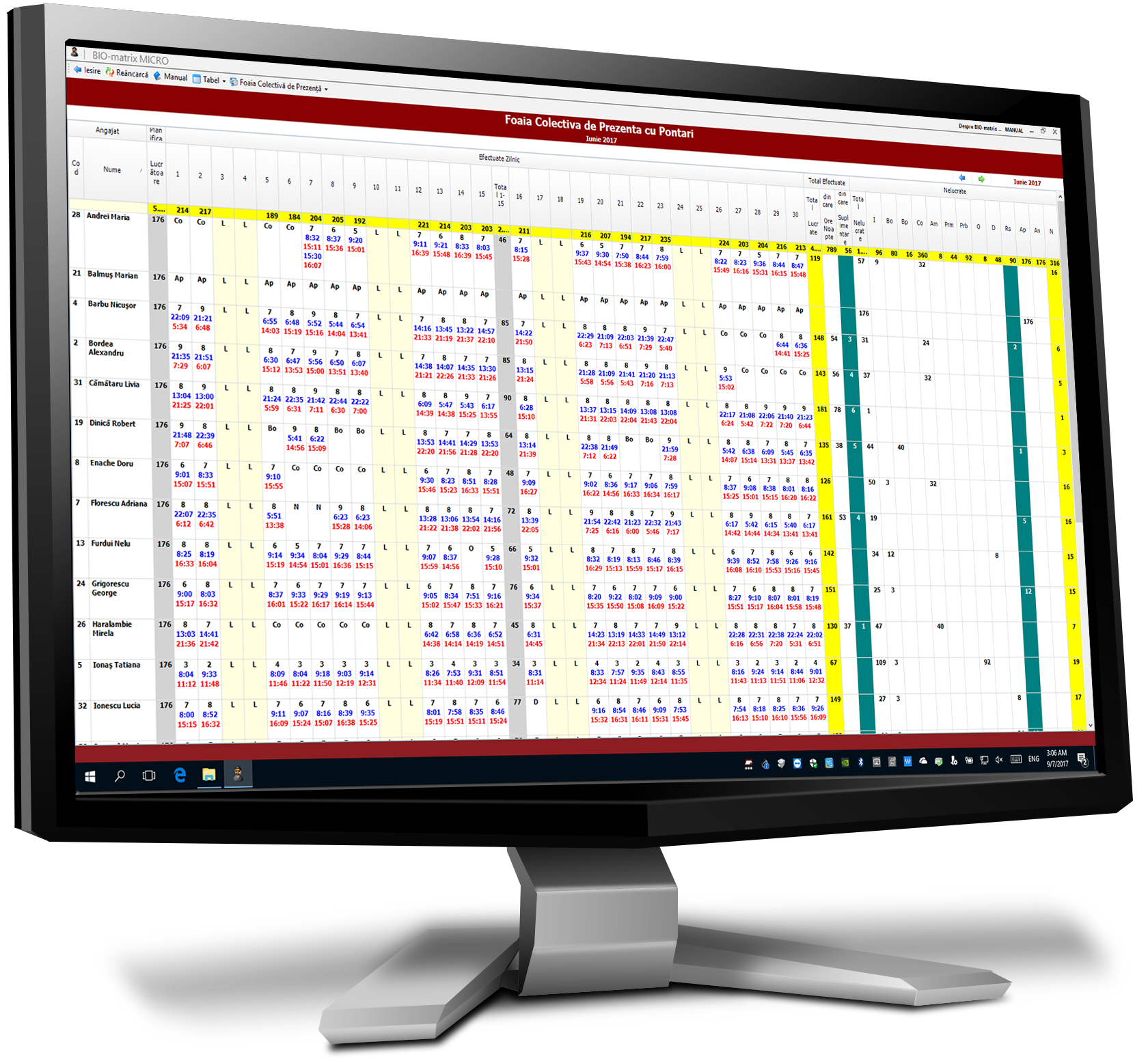 Foaia Colectiva de Prezenta<br/>cu Ore si Pontari : Centralizatorul prezentei cu evidentierea orelor efectuate si a pontarilor, conform cerintelor legale cu privire la control : Pontaj si Control Acces : Biomatrix