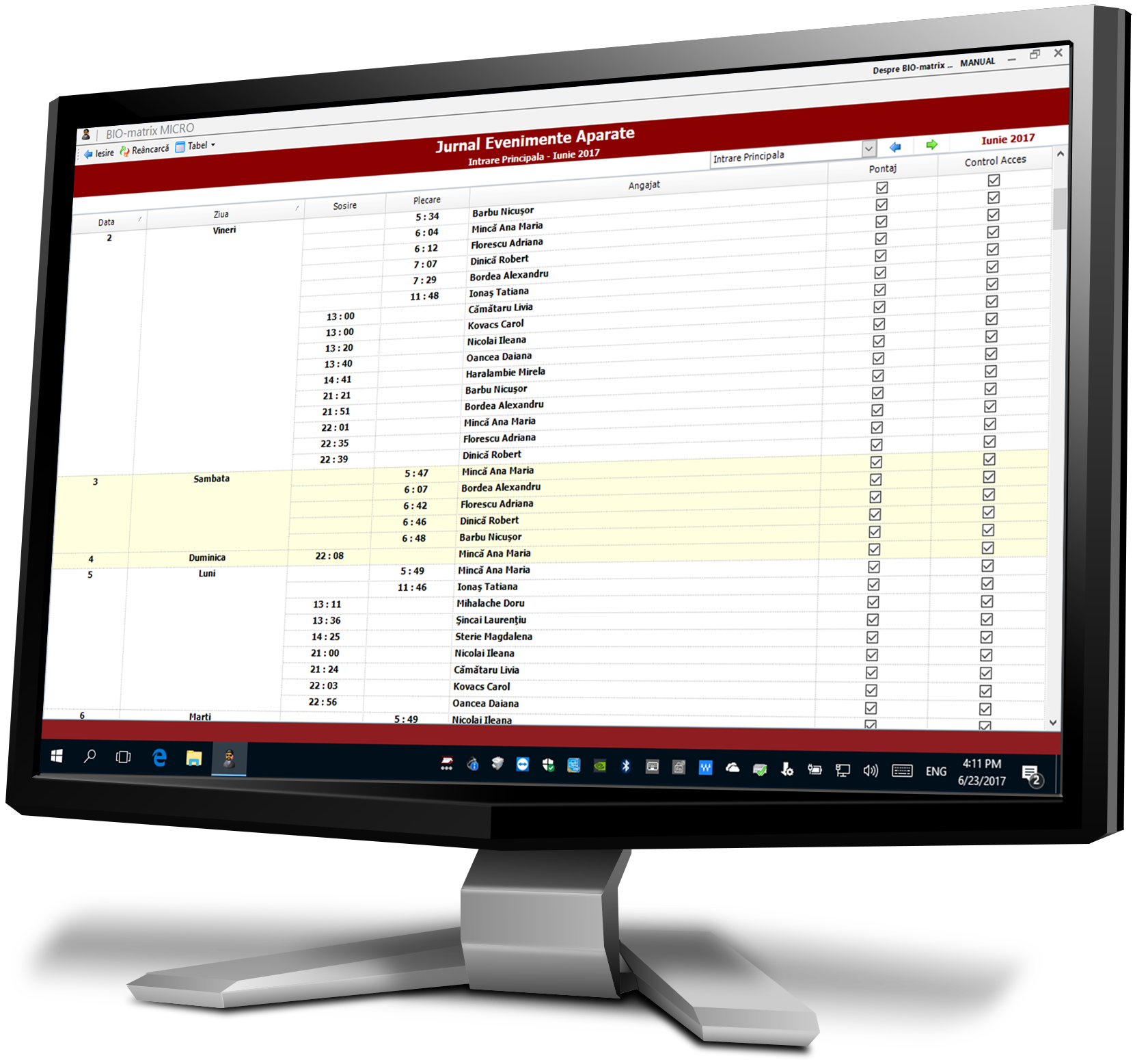 Jurnal Evenimente Aparate Pontaj si Control Acces : Sumarul Sosirilor si Plecarilor inregistrate de un anumit aparat de pontaj sau control acces intr-o luna : Pontaj si Control Acces : Biomatrix
