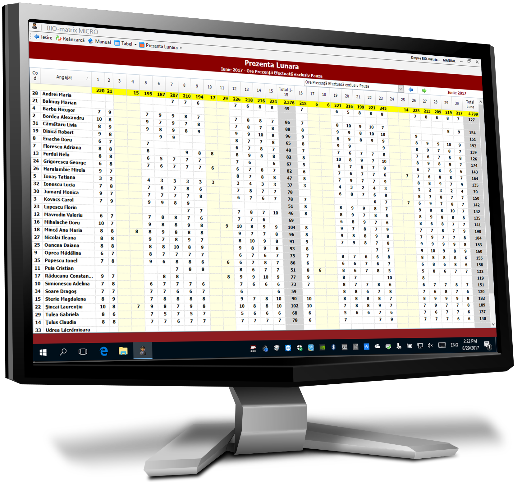 Prezenta Lunara in Ore : Centralizatorul prezentei in ore pentru toti angajati, intr-o luna : Pontaj si Control Acces : Biomatrix