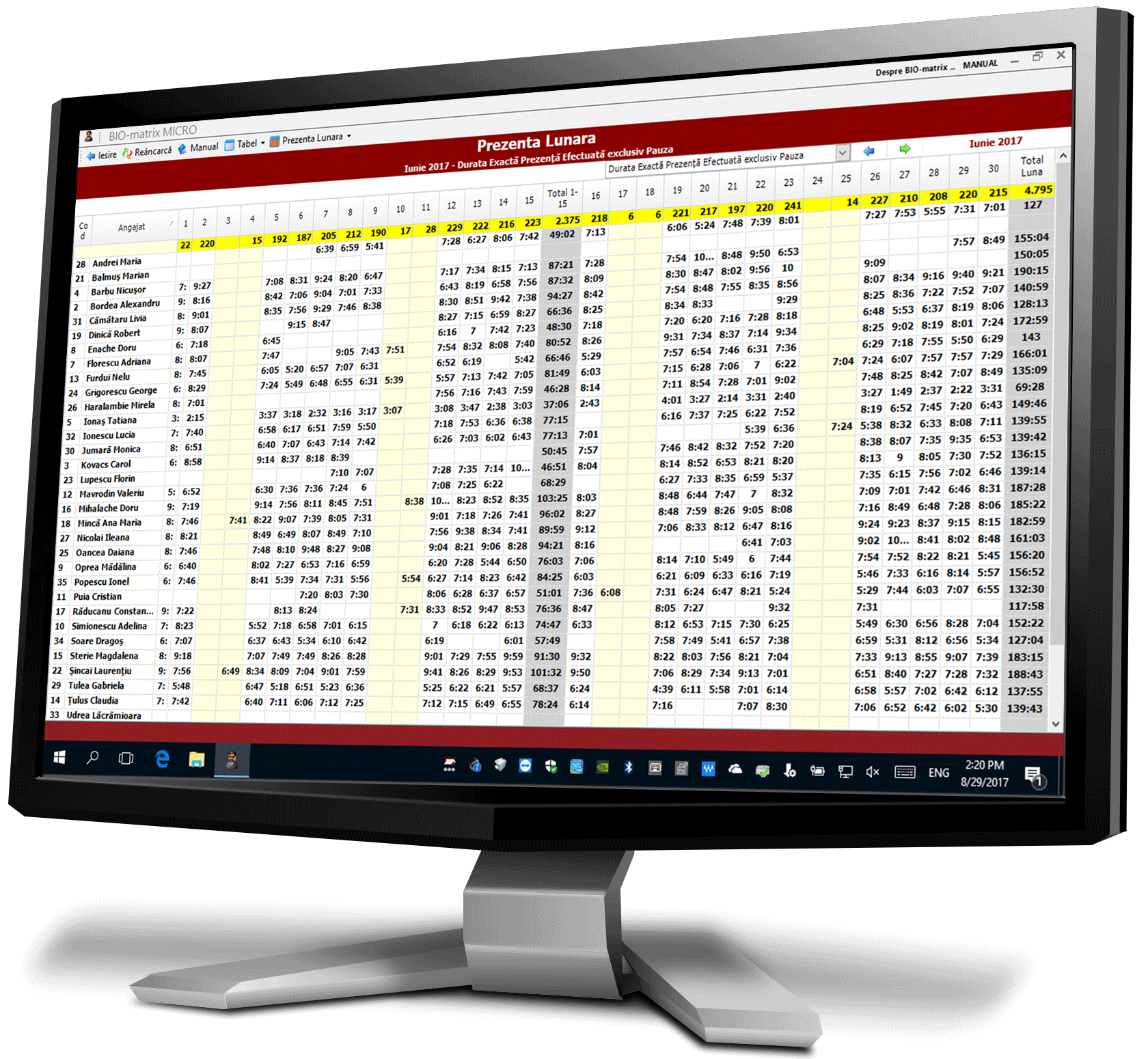 Prezenta Lunara la Minut : Centralizatorul prezentei la minut pentru toti angajati, intr-o luna : Pontaj si Control Acces : Biomatrix