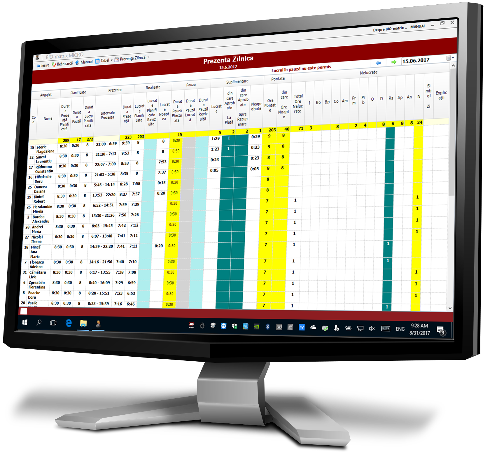 Prezenta Zilnica : Centralizatorul prezentei tuturor angajatilor intr-o anumita zi : Pontaj si Control Acces : Biomatrix