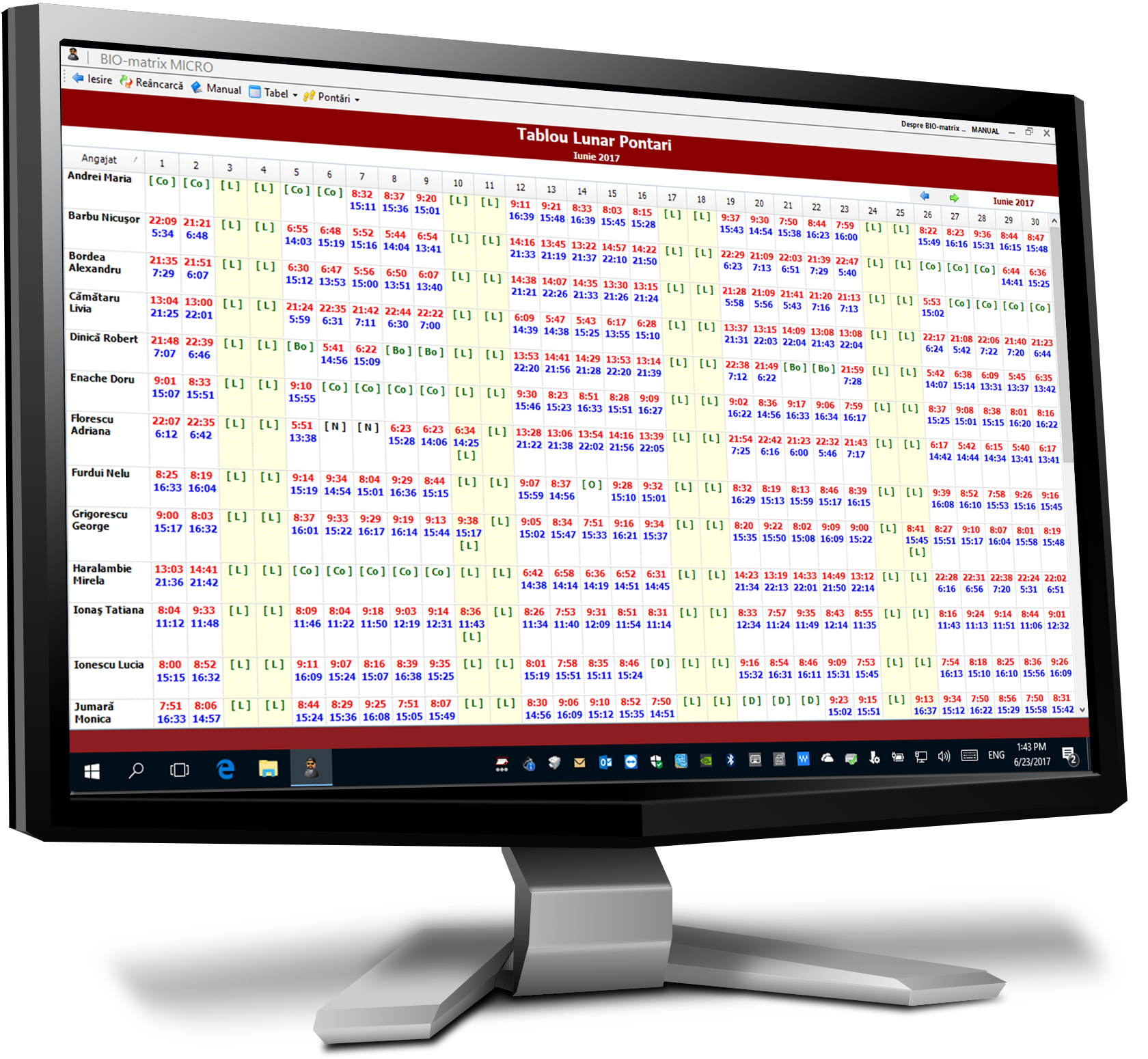 Tablou Lunar Pontari : Sumarul Sosirilor si Plecarilor pentru toti angajatii si pentru fiecare zi a unei luni : Pontaj si Control Acces : Biomatrix
